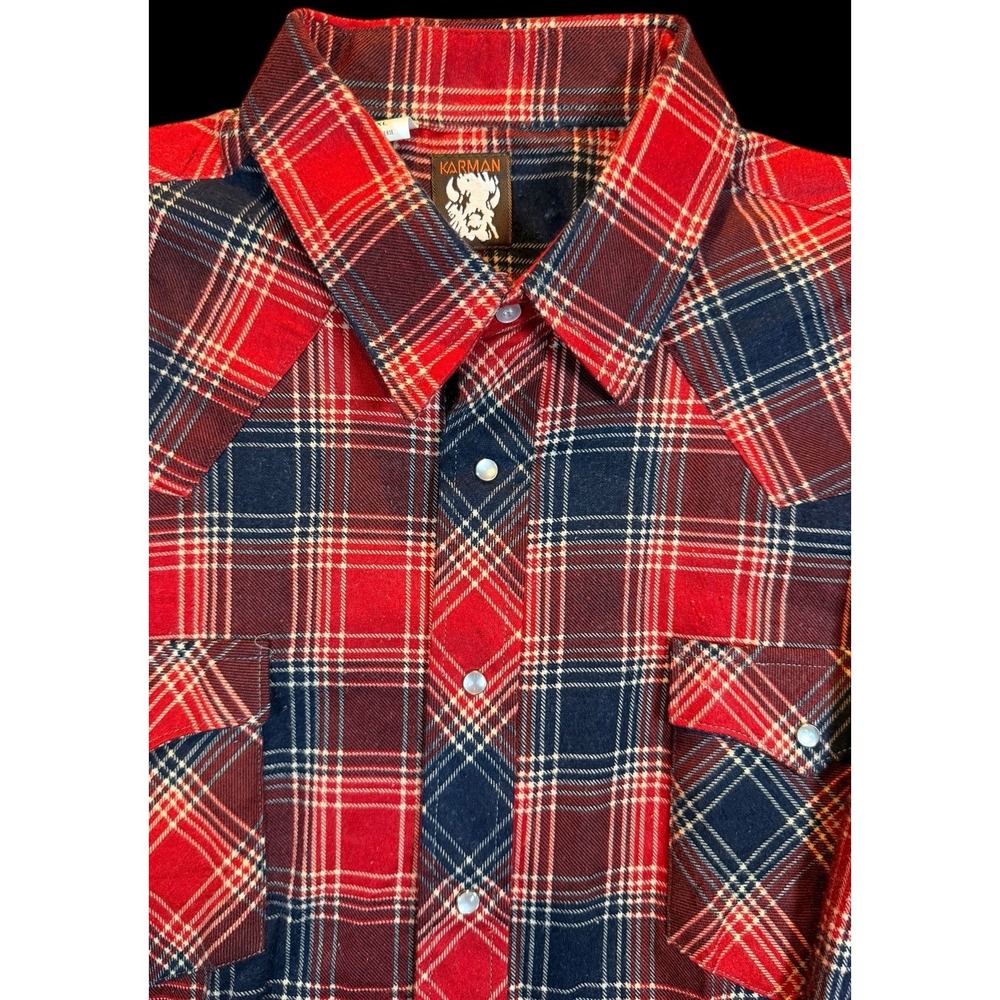 Vintage Karman Red Black Pearl Snap Long Sleeve Plaid Button Shirt Mens X-Large